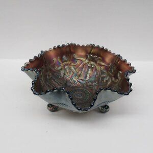 Northwood Purple Carnival Glass WISH BONE Ruffles and Ring Three-Footed Bowl